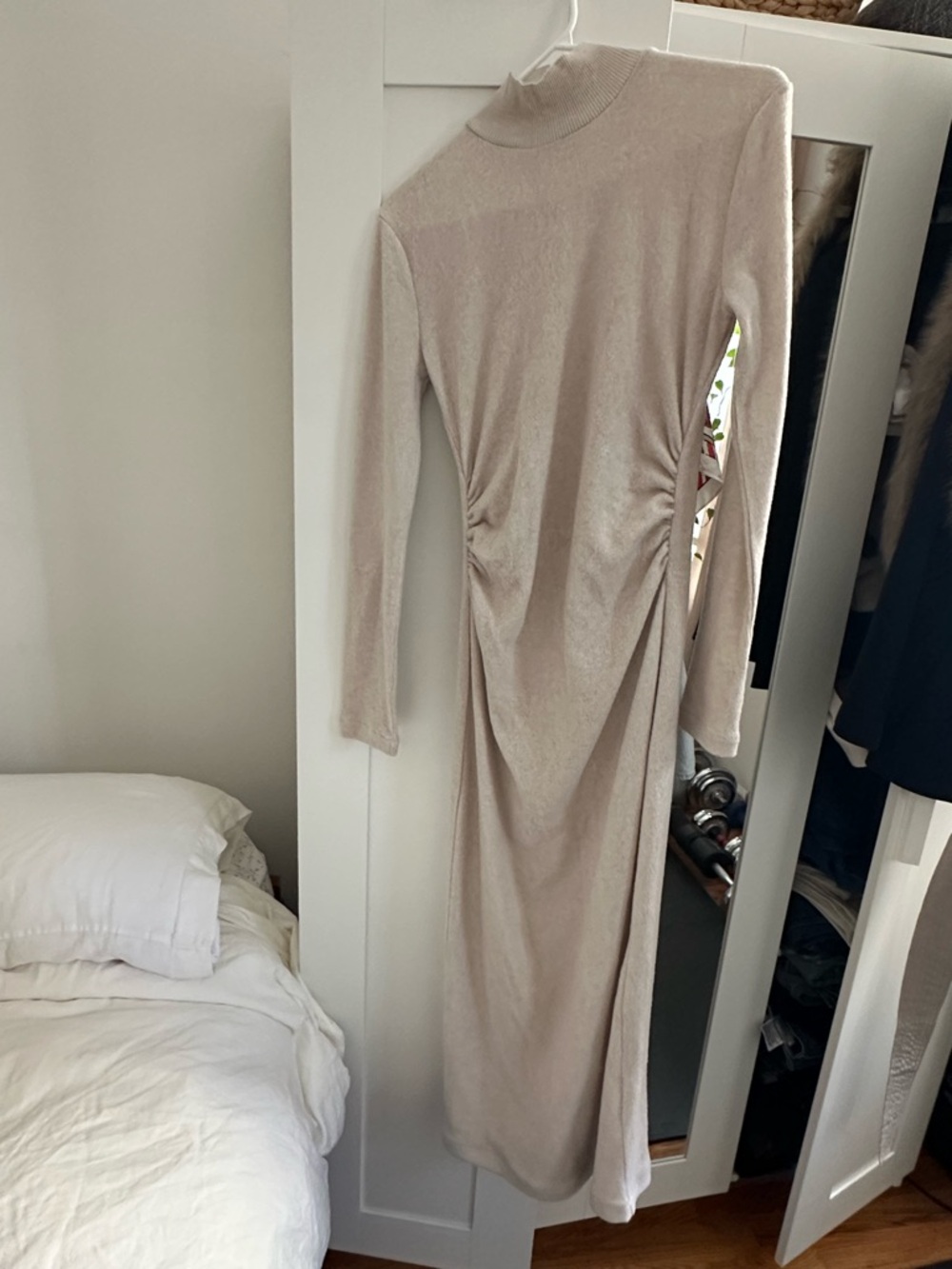 Zara Beige Long Sleeve Mock Neck Sweater Dress w cinched waist